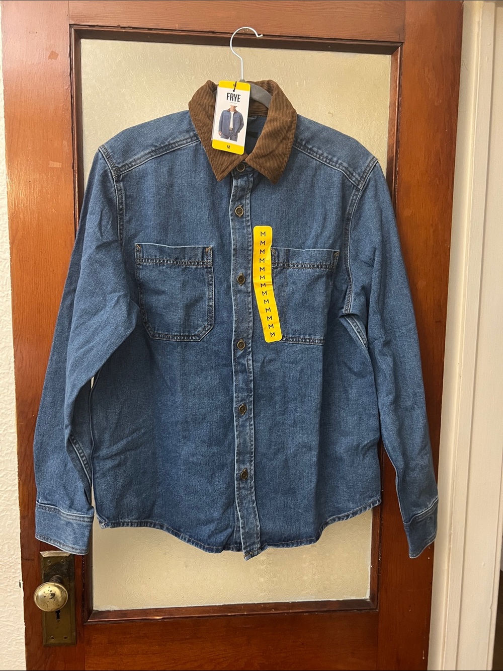 Frye Blue Denim Shirt Jacket with Brown Corduroy Collar